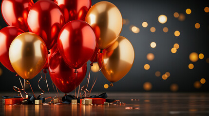 bunch of  round red and golden ballons  against dark grey background 