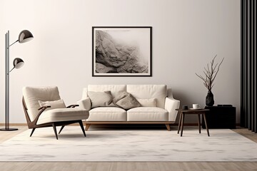 Template for an elegant living room with a minimalist design features a white boucle armchair, framed photo mock ups, a stylish carpet, a sleek coffee table, a trendy lamp, tasteful decorations, and