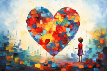 World autism awareness day concept. An autistic girl painting a heart of many colors. Generative AI.
 - obrazy, fototapety, plakaty