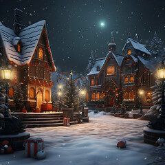 Fototapeta premium Christmas Village Enchantment: A snowy, festive village twinkles under a starlit sky, capturing the magic and warmth of the holiday season.