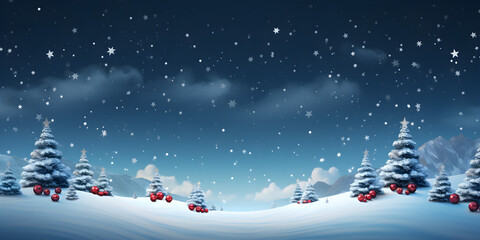 Naklejka premium Christmas Eve's Embrace: A serene, snowy landscape glistens under a starlit sky, adorned with snow-laden trees and the soft glow of Christmas magic.