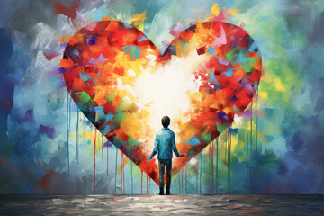 World autism awareness day concept. An autistic boy contemplating a colorful heart. Generative AI.