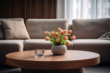 The background of a modern living room interior is blurred, showcasing a wooden table top as the main focus.
