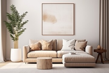 Template of a living room space with a brown sofa, pouf, beige carpet, lamp, mock up poster frame, decorative items, plant, and coffee table. The interior exudes a warm and cozy ambiance, contributing