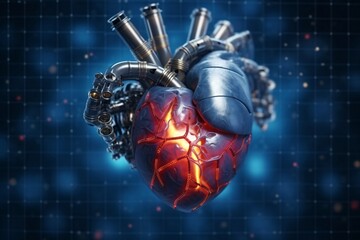 Robotic heart. Heart prosthesis. Human heart on digital background. 