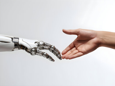 Human hand and robot's as a symbol of connection between people and artificial intelligence technology, Generative AI