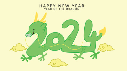 Cute year of the dragon 2024 greeting card illustration, asian dragon with numbers shape, 2024 célébration of lunar new year.