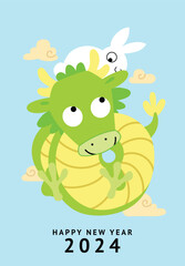 Cute baby dragon with rabbit zodiac animals card. Year of the dragon 2024 after year of the rabbit 2023. Chinese zodiac cycle.