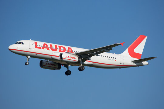 Vienna, Austria - 30 April, 2023: Lauda Airbus A320 landing in Vienna