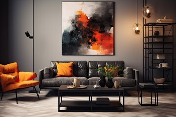 Template for modern home decor with a domestic interior living room featuring a modular sofa design, a sleek black coffee table, a stylish lamp, a comfortable armchair, tasteful decoration pieces