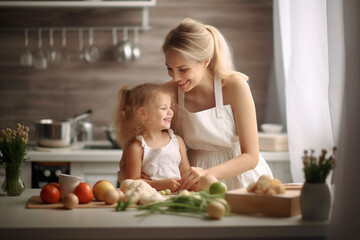 Mother and daugter cook at the kitchen. Happy family. AI generated