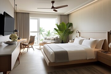 The contemporary bedroom contains various furniture pieces, a wall mounted television, a chair...