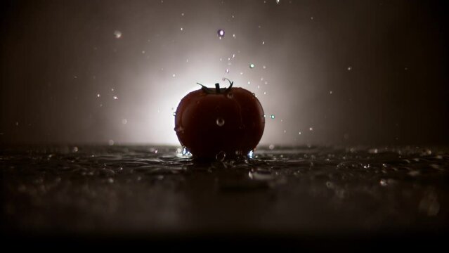 super slow motion of reverse flowing water falling on a tomato