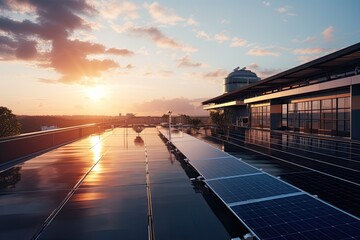 The buildings rooftop is equipped with solar panels to harness and utilize clean energy from sunlight, which can be used by people in their daily lives worldwide. The backdrop of the image features a