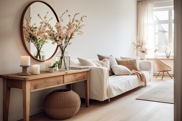Sophisticated Scandinavian interior design for the modern home. Stylishly bohemian living room featuring a wooden console, mirror, floor lamp, candles, pristine white walls, a beautiful bouquet of