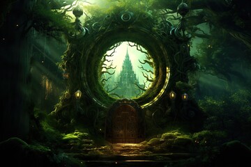  Forest with magic portal. Ai art. Mystery gate