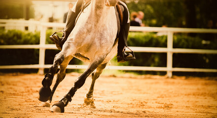 Photo of the hooves of a dappled gray horse galloping across a sandy arena on a sunny summer day....