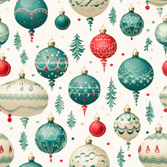 Christmas ornaments and decoration seamless pattern, holiday Christmas tree baubles, tileable country style print for wallpaper, wrapping paper, scrapbook, fabric and product design, generative ai