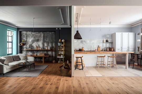 The concept of home renovation, showing the changes in interior design from an outdated style to a modern one.
