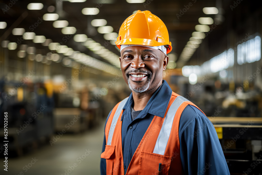 Poster worker in a helmet against the background of a blurred workshop of his own enterprise