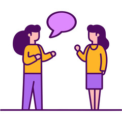 Fototapeta premium Two women talking discussing work with speech bubble. Outlined flat vector illustration yellow and purple.