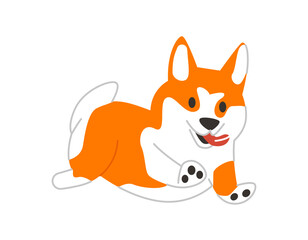 Dog cute sticker concept. Adorable white and orange pet running. Domestic animal and corgi. Poster or banner for website. Cartoon flat vector illustration isolated on white background