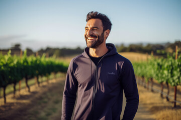 Portrait of a handsome young man smiling while standing in vineyard