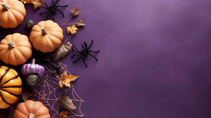 Halloween background with a pumkins, bats, spiders and autumn leaves in a purple colors with a place for text