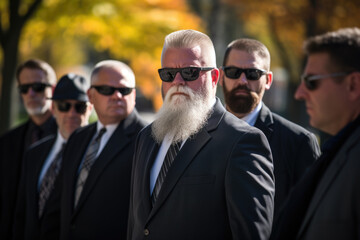 A group of men standing in a line with sunglasses. The people are wearing formal attire, with suits and ties for funeral
