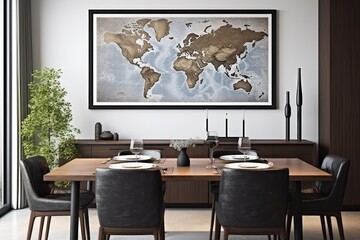 Sophisticated decor in a dining room featuring a sample poster map, a beautiful walnut table, modern chairs, a cup of coffee, decorative elements, stylish tableware, and elegant personal accessories
