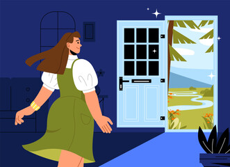 Woman with inner freedom concept. Young girl near door to forest lawn. Mental health and awareness, psychology. Character near entrance to new life. Cartoon flat vector illustration