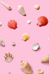 Many different seashells on pink background
