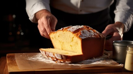 Obraz na płótnie Canvas Baker slicing a Pound cake into slices