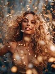 Woman with blond hair in golden dress. Festive gold glitter vibes, luxury and premium street syle photography for advertising product design. Fashion beautiful ai generated woman - 629703274