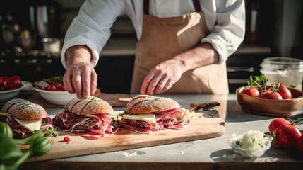 Obraz na płótnie Canvas Cook preparing cheese and salami sandwiches