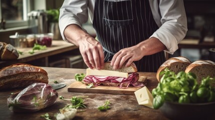 Cook preparing cheese and salami sandwiches