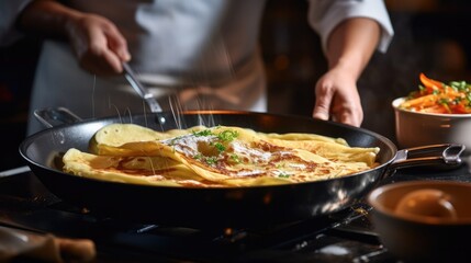 Cook preparing French Crepes in a pan - food photography