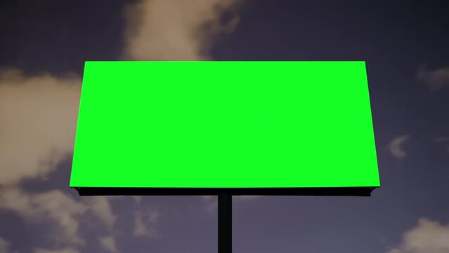 Timelapse: blank green billboard or large display against the dark sky with moving stars at night - front view. Time lapse, template, mock up, copyspace, green screen and chroma key concept