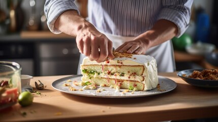 Cook slicing a Italian Cassata cake into slices