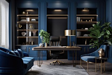 Sophisticated and stylish, the home office interior is designed in a deep shade of blue, exuding elegance. Tailored specifically for a cosmopolitan businessman, it features exquisite furniture and a