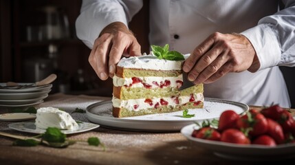 Cook slicing a Italian Cassata cake into slices
