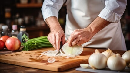 Obraz na płótnie Canvas Cook slicing an onion into slices