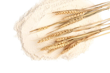 Flour and wheat ears on white background
