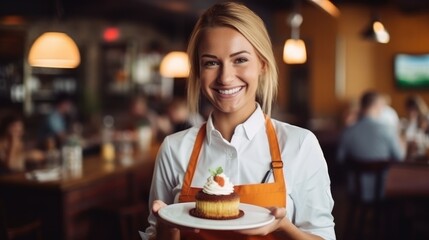 Fototapeta premium Young female waitress presents a piece of Carrot cake
