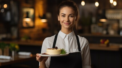 Young female waitress presents a piece of New York Style cheesecake