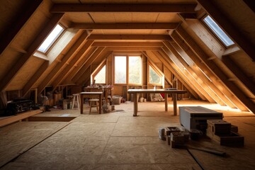 The attic is filled with Ecowool insulation, which is a environmentally friendly and eco conscious form of insulation. - obrazy, fototapety, plakaty