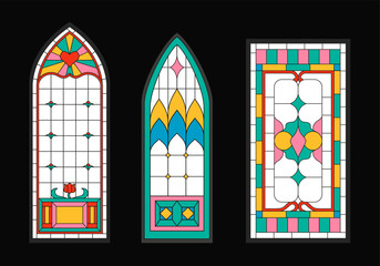 Stained glass windows set. Traditional ornaments. Religion and faith, church. Colorful patterns. Template, layout and mock up. Cartoon flat vector collection isolated on black background