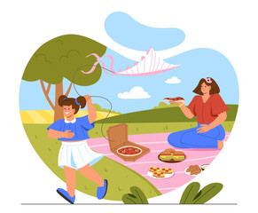 Obraz na płótnie Canvas Summer holidays kid with mom concept. Mother with son outdoor. Woman with food sits on blanket, child with kite runs. Leisure on nature with pizza and burgers. Cartoon flat vector illustration