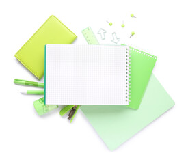 Composition with colorful stationery on white background