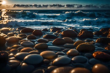 Fototapeta na wymiar Waves gently caress the shore, revealing a cluster of weathered stones nestled amidst a bed of fine sand, the morning sun casting a soft, golden hue upon their textured surfaces.